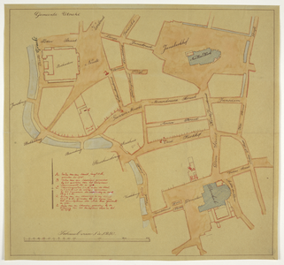 215068 Plattegrond van de terreinen tussen het Domplein, het Janskerkhof en de Neude te Utrecht, met aanwijzing van de ...